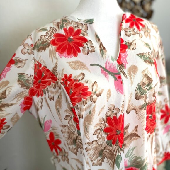 Vintage 70s Handmade Floral Kaftan Tunic Dress With Red & Brown Flowers - Picture 3 of 11